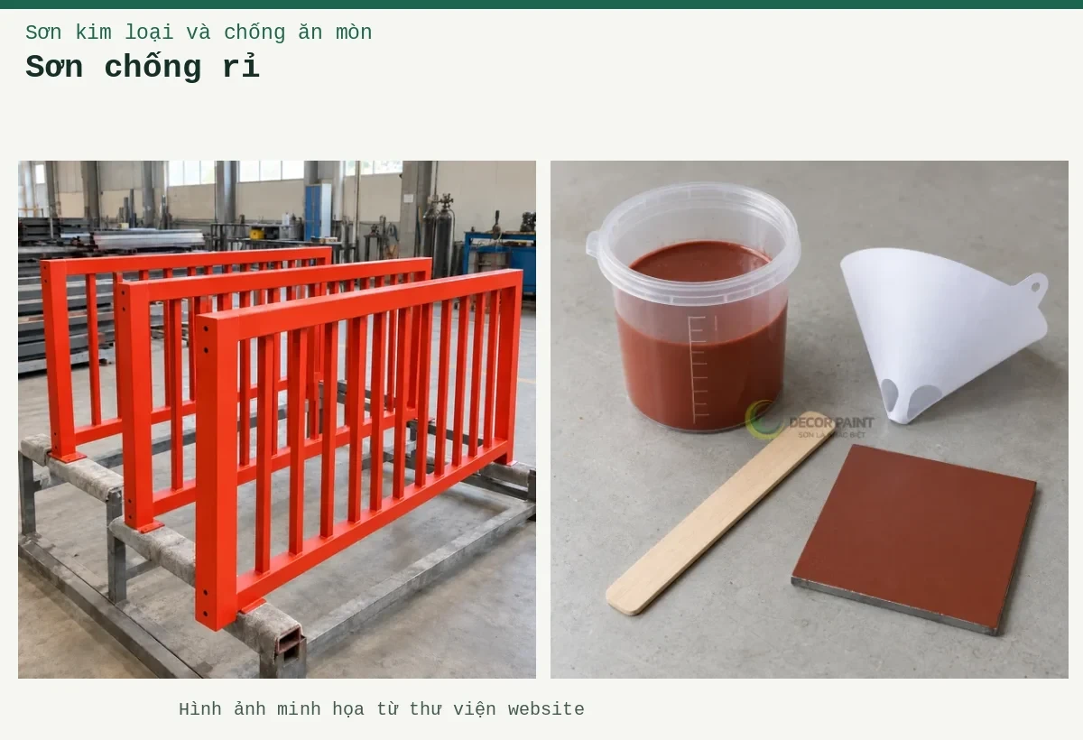 Sơn chống rỉ – Ảnh minh họa: Sơn lót kim loại đỏ oxit – cấu kiện lan can được sơn lót; Cốc sơn lót đỏ nâu, phễu lọc, que khuấy và tấm thép phủ thử.