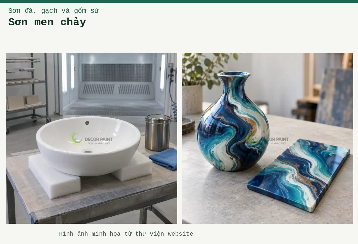 Sơn men chảy – Ảnh minh họa: Chuẩn bị lavabo men sứ; Hiệu ứng sơn men chảy.