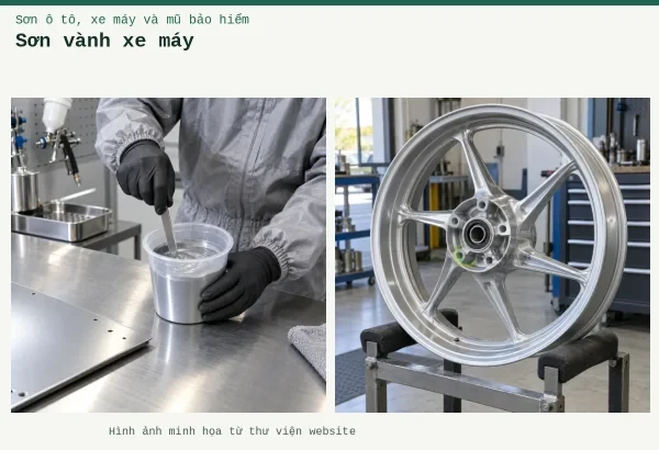 Sơn vành xe máy – Ảnh minh họa: Mâm xe máy phủ sơn bạc; Pha sơn hai thành phần với chất đóng rắn – khuấy trộn sơn hai thành phần.