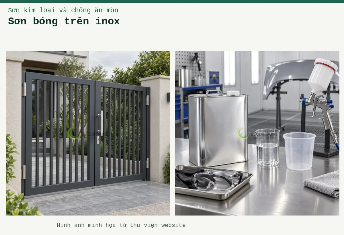 Sơn bóng trên inox – Ảnh minh họa: Cổng inox hai cánh phủ màu xám than; Bàn chuẩn bị sơn 2K.