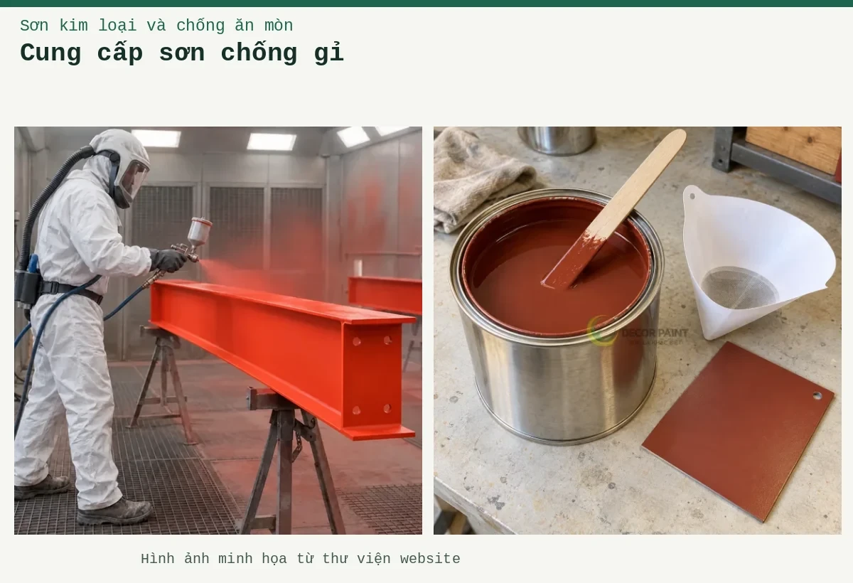 Cung cấp sơn chống gỉ – Ảnh minh họa: Sơn lót kim loại đỏ oxit – thi công phun lớp lót trên thép; Sơn lót nâu đỏ trong lon, que khuấy, phễu lọc và tấm thép mẫu đã sơn.