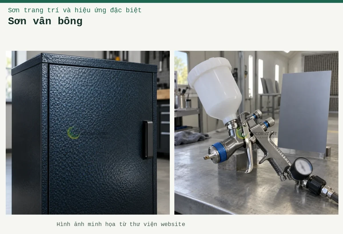 Sơn vân bông – Ảnh minh họa: Bề mặt sơn búa xanh đen; Minh họa các núm điều chỉnh và bộ điều áp trên súng phun sơn trọng lực.