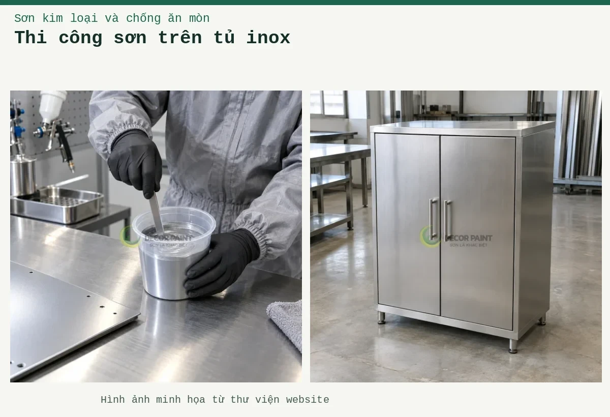Thi công sơn trên tủ inox – Ảnh minh họa: Minh họa tủ inox hai cánh đóng kín với bề mặt xước bạc; Khuấy hỗn hợp sơn hai thành phần trong cốc pha trước khi đưa vào thi công.