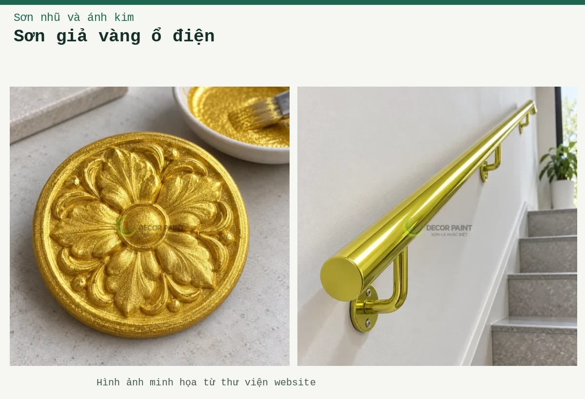 Sơn giả vàng ổ điện – Ảnh minh họa: Phù điêu hoa tròn nhũ vàng 080; Tay vịn ống kim loại sơn giả vàng.