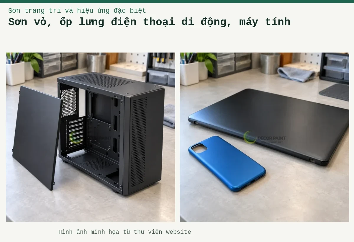 Sơn vỏ, ốp lưng điện thoại di động, máy tính – Ảnh minh họa: Vỏ điện thoại xanh và vỏ máy tính đen; Vỏ máy tính bằng kim loại hoàn thiện lớp sơn đen mờ, với nắp hông tháo rời.