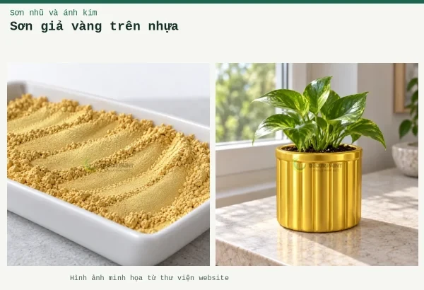 Sơn giả vàng trên nhựa – Ảnh minh họa: Chậu composite giả vàng; Cận cảnh bột nhũ vàng nghệ 085.