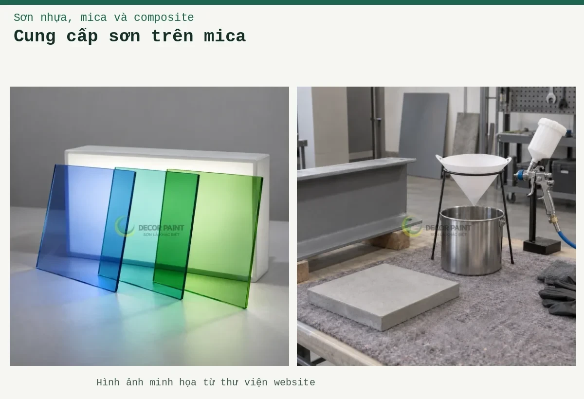 Cung cấp sơn trên mica – Ảnh minh họa: Tấm acrylic trong màu xuyên sáng; Lọc sơn và mẫu nền.