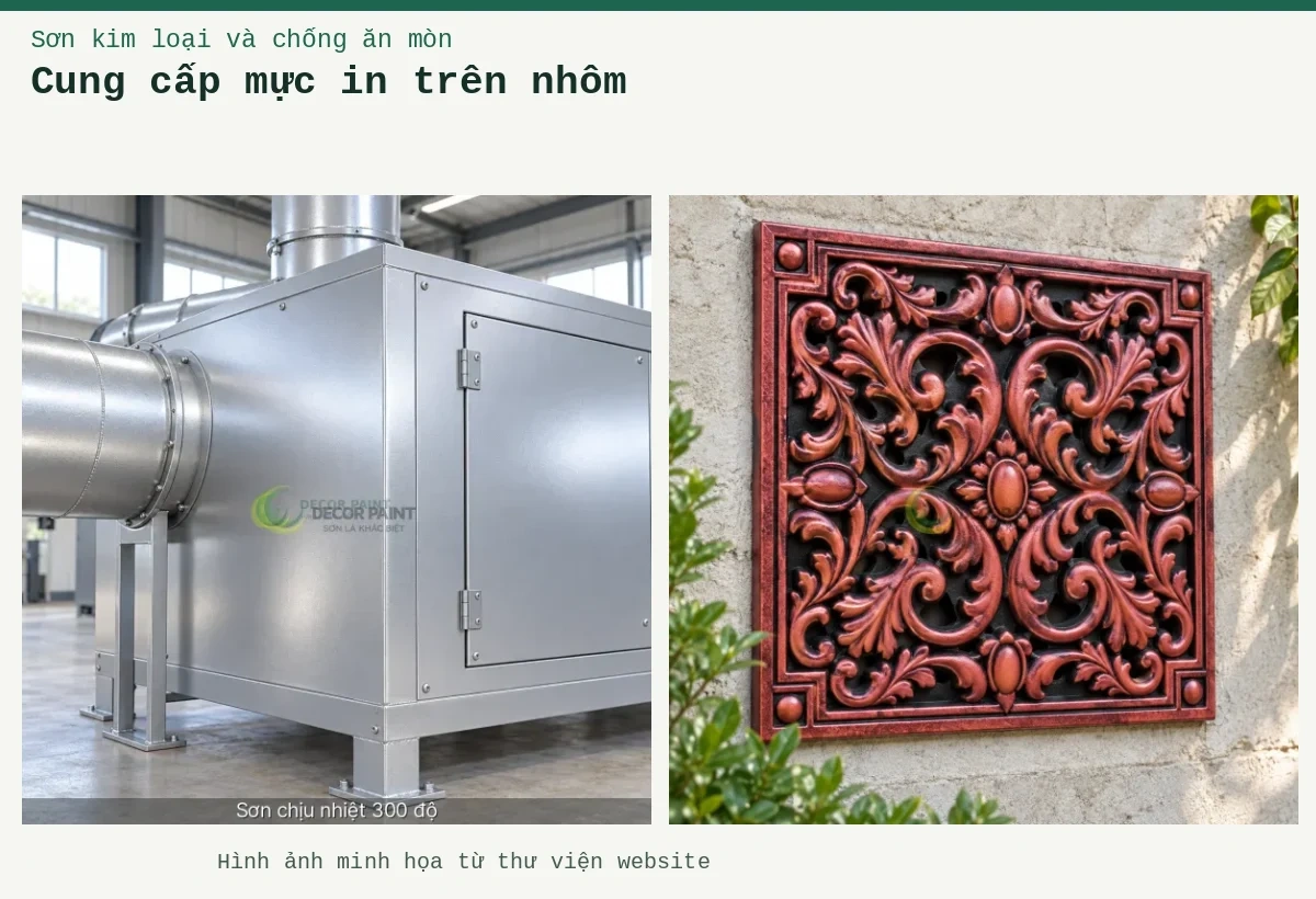 Cung cấp mực in trên nhôm – Ảnh minh họa: Khung trang trí tường nhôm đúc; Vỏ tủ sấy bạc nhôm.