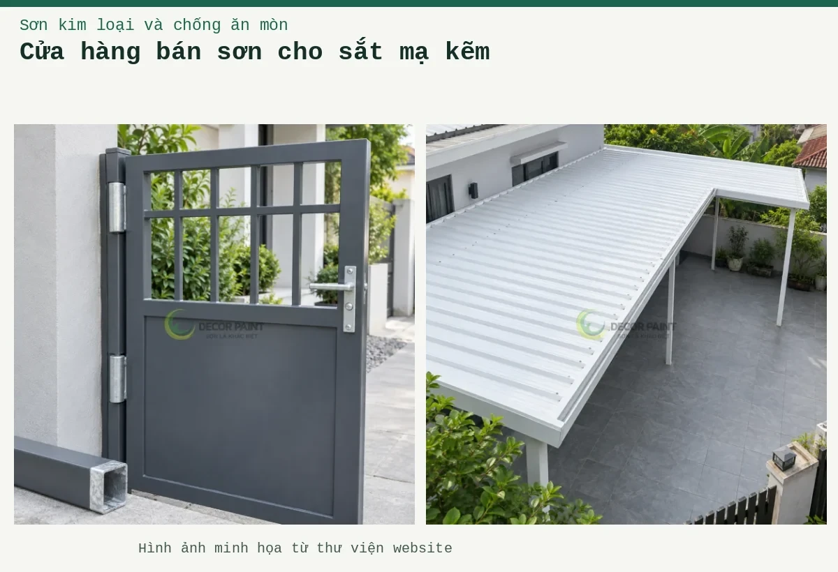 Cửa hàng bán sơn cho sắt mạ kẽm – Ảnh minh họa: Cửa sắt mạ kẽm phủ màu ghi cùng mẫu vật liệu đối chiếu; Mái che sân nhà bằng tôn màu trắng.
