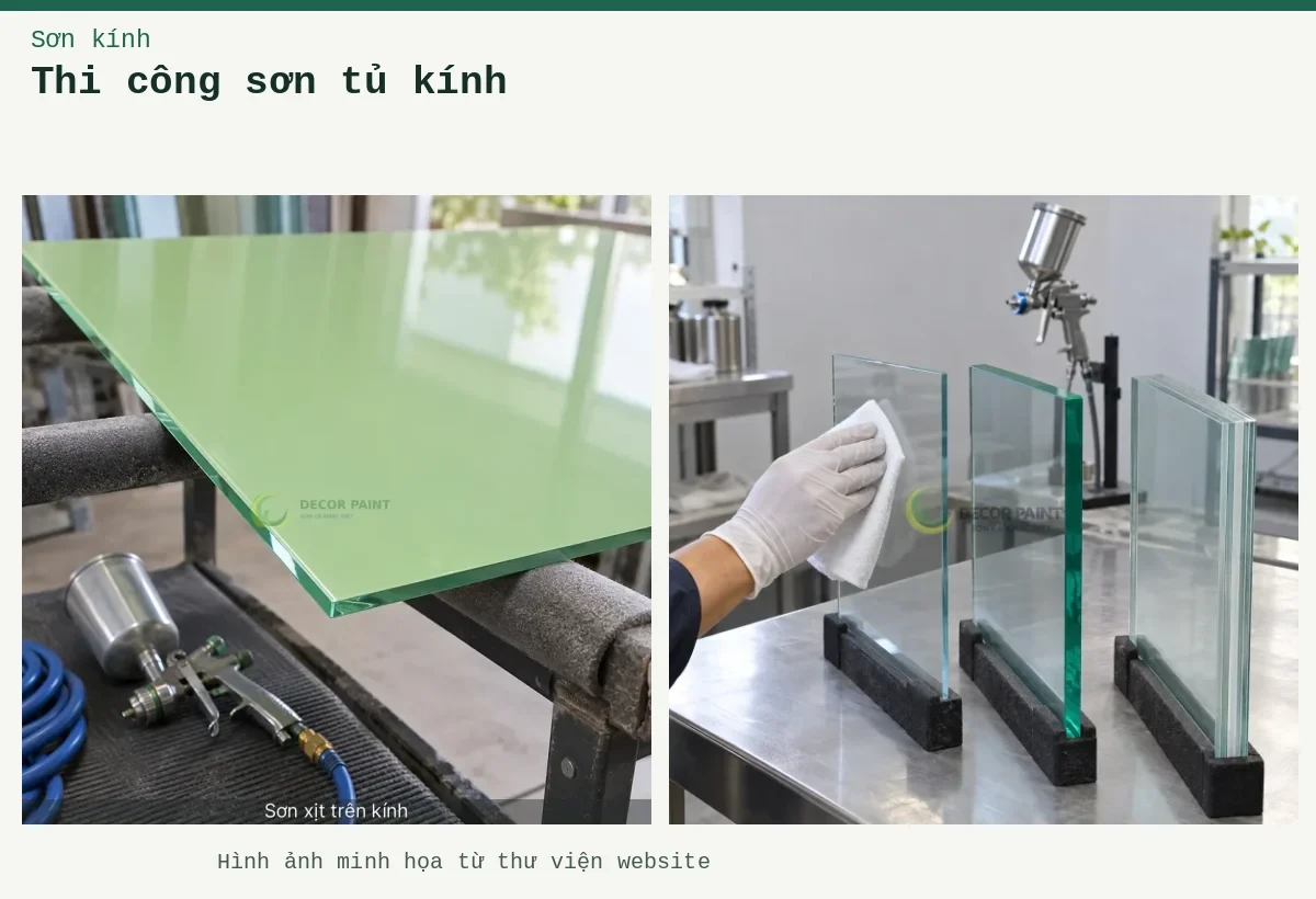 Thi công sơn tủ kính – Ảnh minh họa: Làm sạch và chuẩn bị các mẫu kính trước khi lựa chọn hệ sơn thi công phù hợp; Tấm kính sơn xanh lá nhạt trên giá thi công.