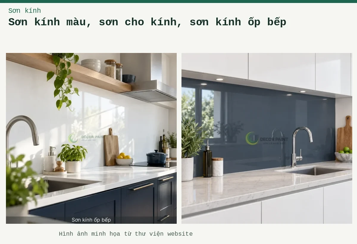 Sơn kính màu, sơn cho kính, sơn kính ốp bếp – Ảnh minh họa: Kính ốp bếp màu ghi đậm; Kính sơn trắng bóng ốp bếp với hệ tủ xanh đậm.