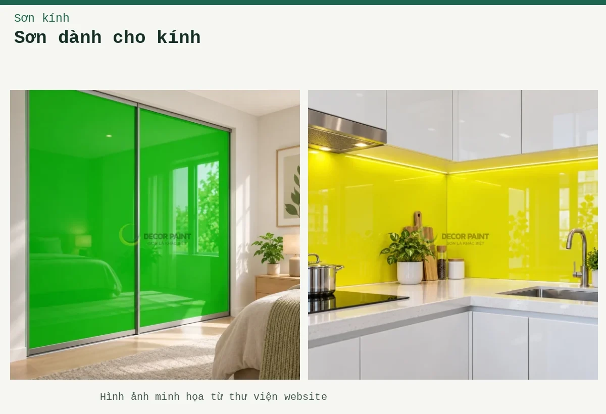 Sơn dành cho kính – Ảnh minh họa: Cửa kính tủ áo; Kính bếp vàng chanh.
