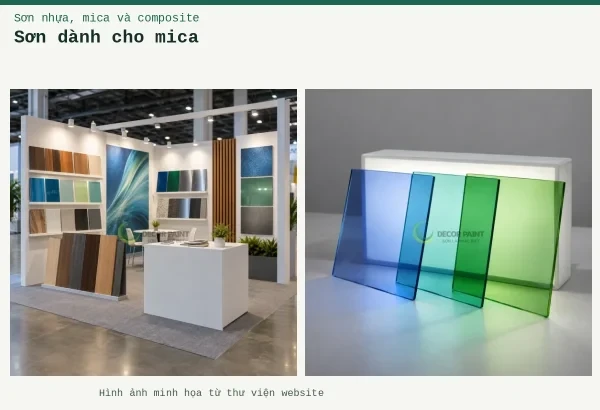 Sơn dành cho mica – Ảnh minh họa: Tấm acrylic trong màu xuyên sáng; Gian trưng bày mẫu sơn và vật liệu.