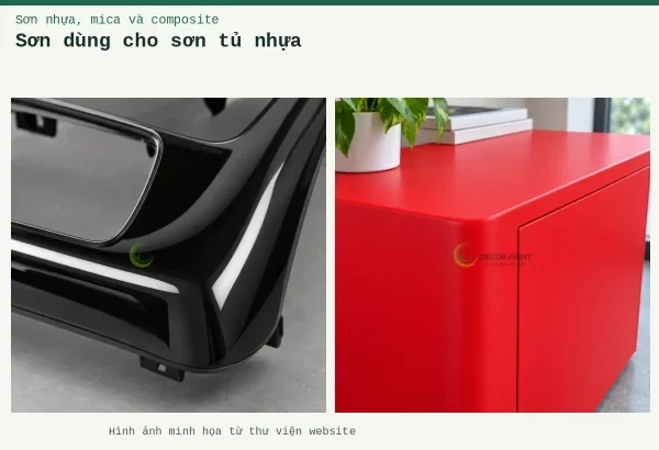 Sơn dùng cho sơn tủ nhựa – Ảnh minh họa: Cận cảnh mép tủ composite; Chi tiết nhựa ABS đen bóng.