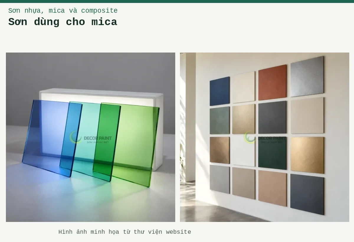 Sơn dùng cho mica – Ảnh minh họa: Tấm acrylic trong màu xuyên sáng; Minh họa hệ mẫu màu sơn với các bề mặt satin và ánh kim.