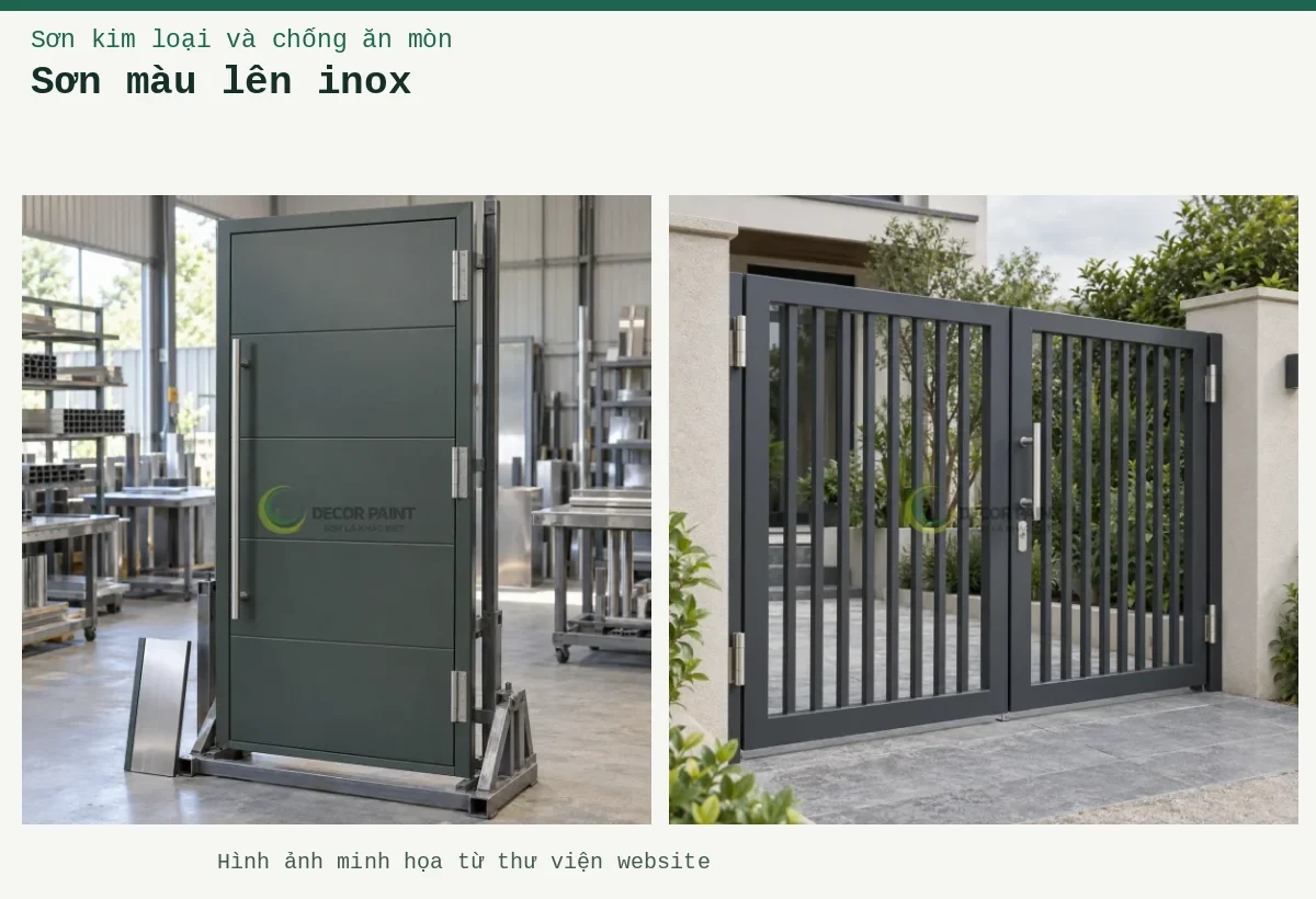 Sơn màu lên inox – Ảnh minh họa: Cổng inox hai cánh phủ màu xám than; Cửa inox phủ màu xám xanh trên giá gia công.