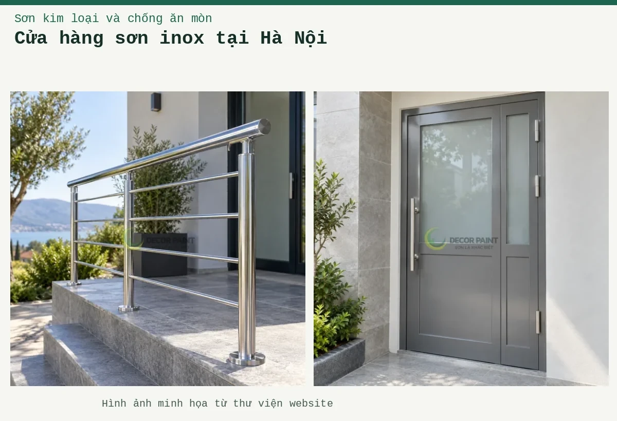 Cửa hàng sơn inox tại Hà Nội – Ảnh minh họa: Cửa khung inox phủ màu xám với ô kính mờ; Lan can inox hoàn thiện trong suốt, giữ sắc kim loại và độ phản sáng của bề mặt.