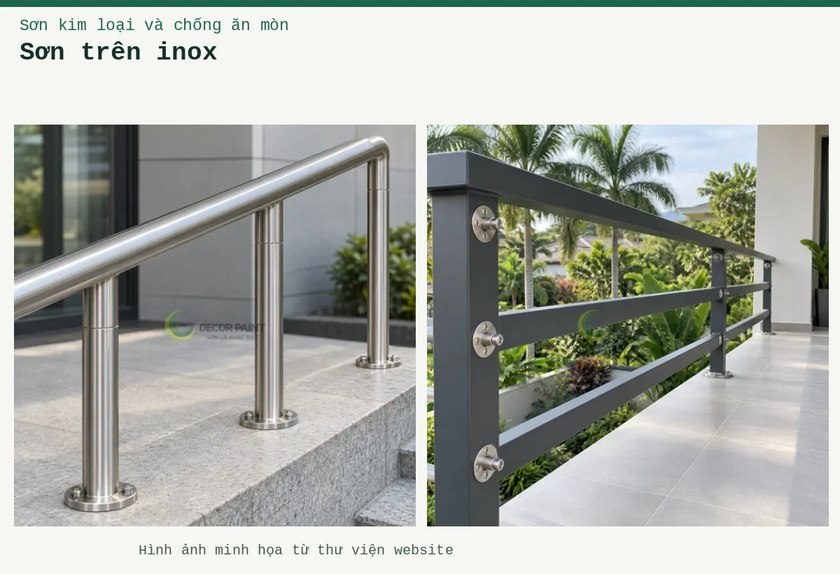 Sơn trên inox – Ảnh minh họa: Minh họa tay vịn và chân trụ inox với bề mặt xước bạc hoàn thiện; Lan can inox thanh ngang phủ màu xám.