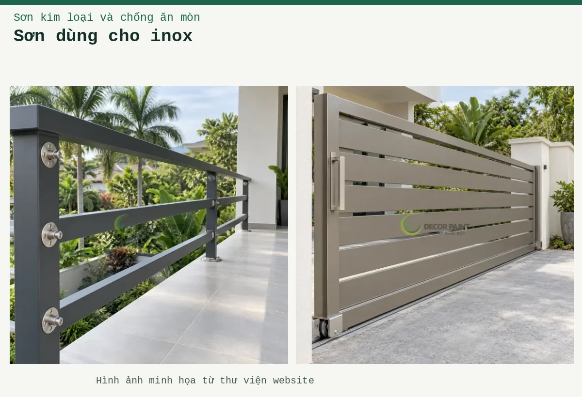Sơn dùng cho inox – Ảnh minh họa: Lan can inox thanh ngang phủ màu xám; Cổng inox trượt với lớp sơn màu xám ấm.