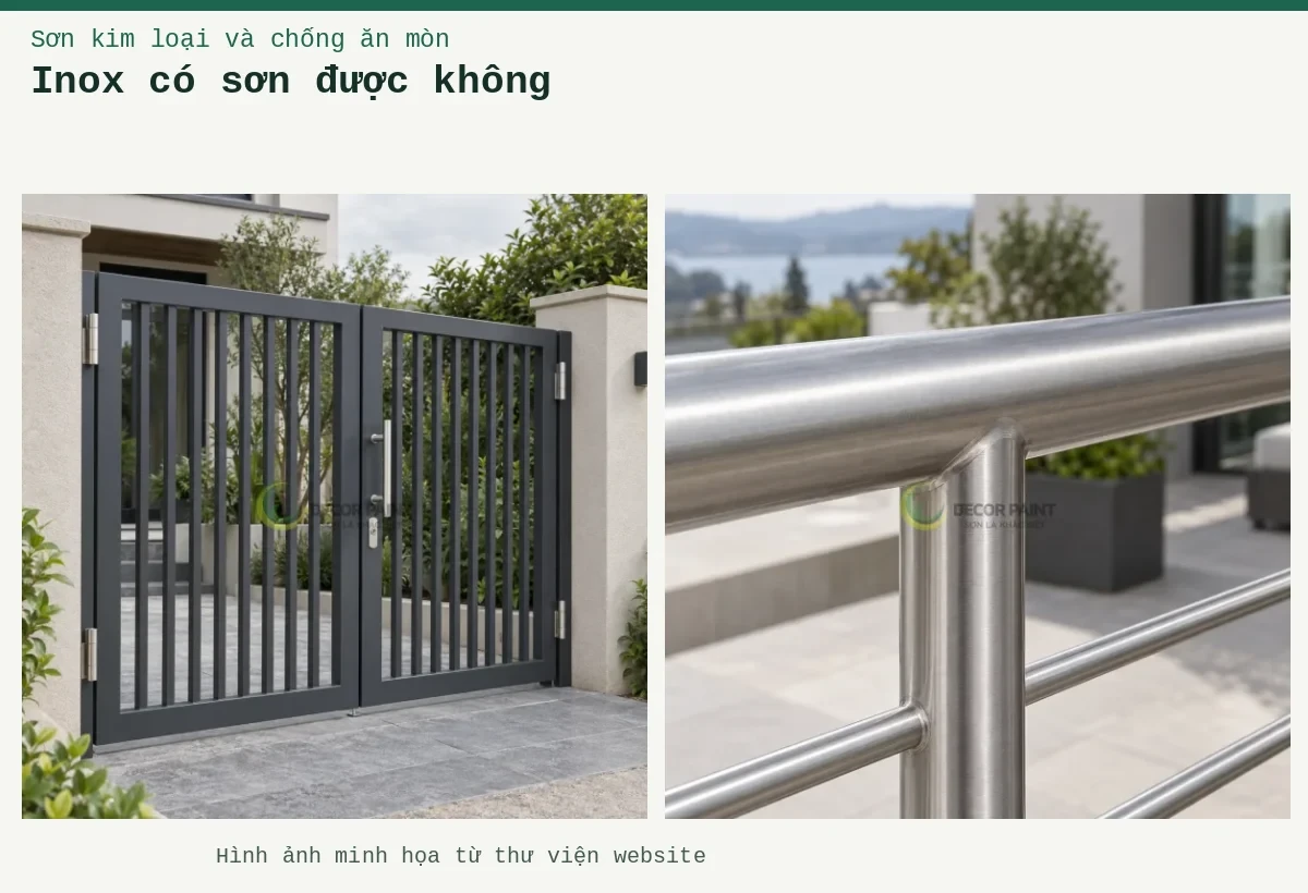 Inox có sơn được không – Ảnh minh họa: Lan can inox vân xước phủ trong; Cổng inox hai cánh phủ màu xám than.
