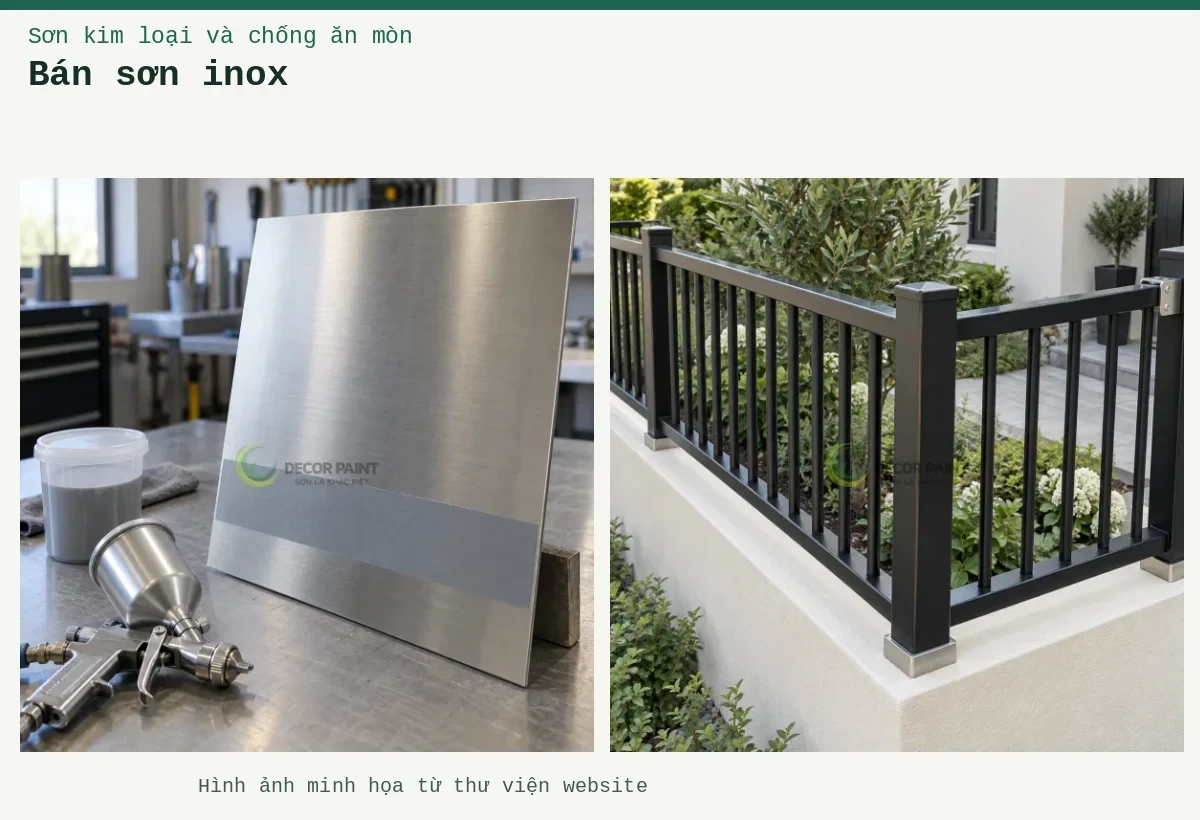 Bán sơn inox – Ảnh minh họa: Hàng rào inox phủ màu đen tại góc sân vườn; Tấm inox xước với dải phủ thử màu xám, cốc pha và súng phun trên bàn chuẩn bị.