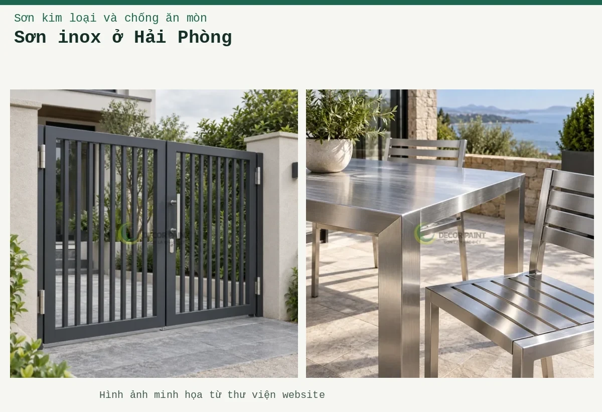 Sơn inox ở Hải Phòng – Ảnh minh họa: Cổng inox hai cánh phủ màu xám than; Bàn ghế inox ngoài hiên, minh họa nhóm bề mặt cần lớp phủ bảo vệ trong suốt.