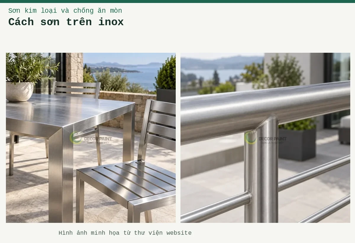 Cách sơn trên inox – Ảnh minh họa: Lan can inox vân xước phủ trong; Bàn ghế inox ngoài hiên, minh họa nhóm bề mặt cần lớp phủ bảo vệ trong suốt.