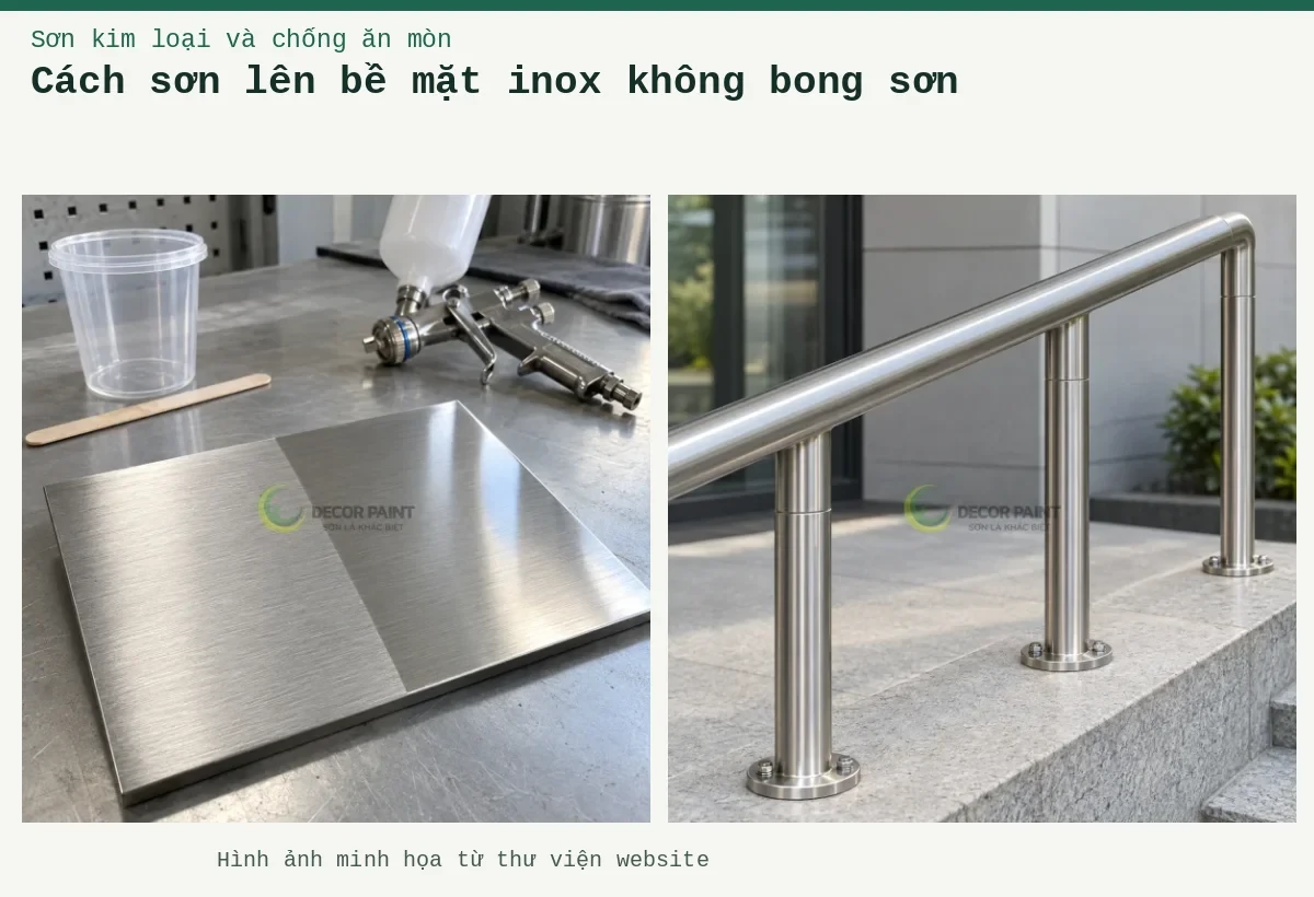 Cách sơn lên bề mặt inox không bong sơn – Ảnh minh họa: Minh họa tay vịn và chân trụ inox với bề mặt xước bạc hoàn thiện; Minh họa mẫu inox xước trước và sau khi phủ trong, cùng dụng cụ chuẩn bị sơn.