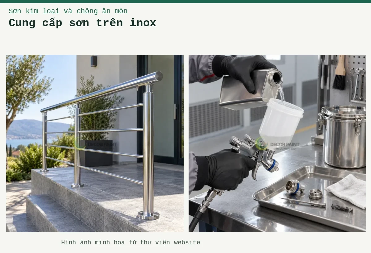 Cung cấp sơn trên inox – Ảnh minh họa: Lan can inox hoàn thiện trong suốt, giữ sắc kim loại và độ phản sáng của bề mặt; Vệ sinh súng phun.