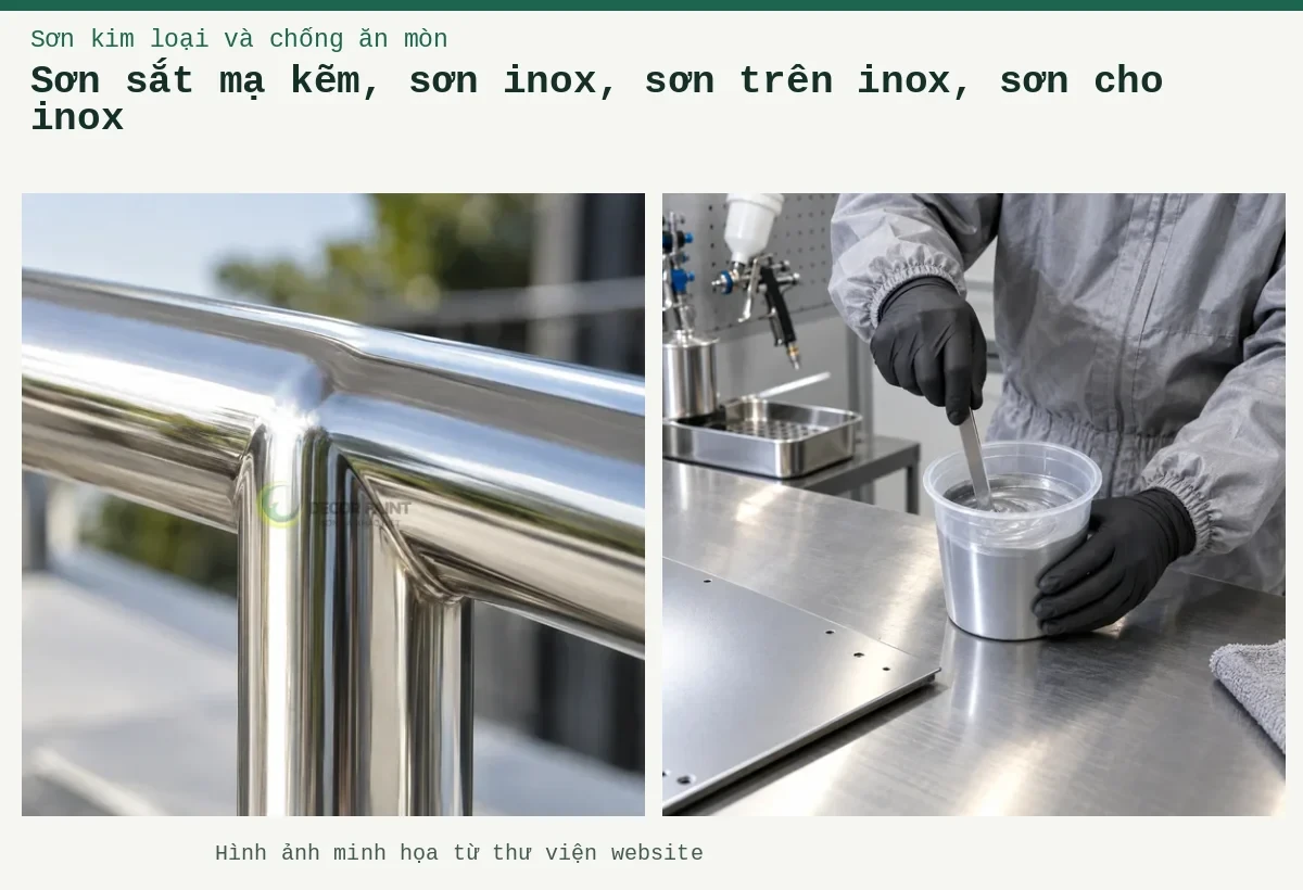 Sơn sắt mạ kẽm, sơn inox, sơn trên inox, sơn cho inox – Ảnh minh họa: Cận cảnh góc nối lan can inox để quan sát bề mặt trước khi chọn lớp phủ bảo vệ; Pha sơn hai thành phần với chất đóng rắn – khuấy trộn sơn hai thành phần.