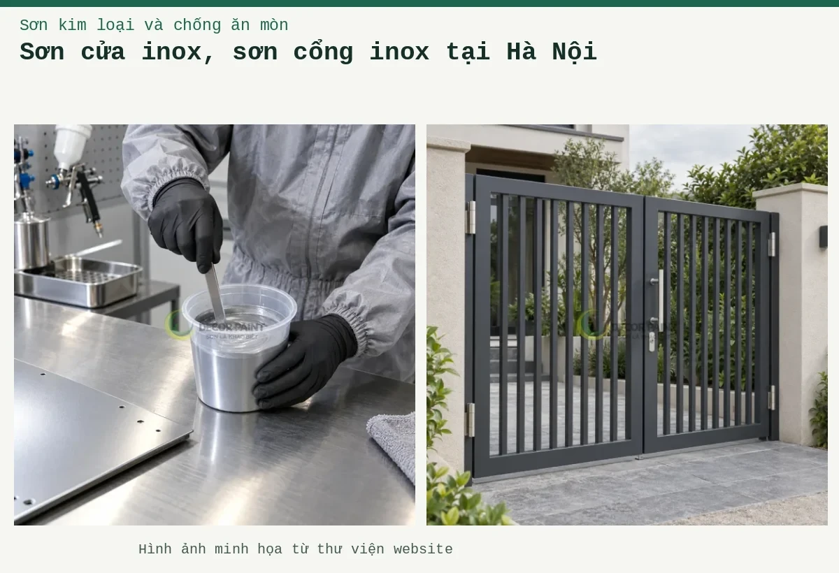 Sơn cửa inox, sơn cổng inox tại Hà Nội – Ảnh minh họa: Cổng inox hai cánh phủ màu xám than; Khuấy hỗn hợp sơn hai thành phần trong cốc pha trước khi đưa vào thi công.