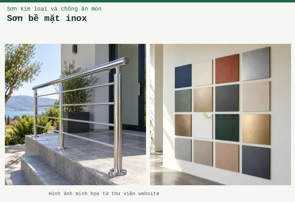 Sơn bề mặt inox – Ảnh minh họa: Lan can inox hoàn thiện trong suốt, giữ sắc kim loại và độ phản sáng của bề mặt; Minh họa hệ mẫu màu sơn với các bề mặt satin và ánh kim.