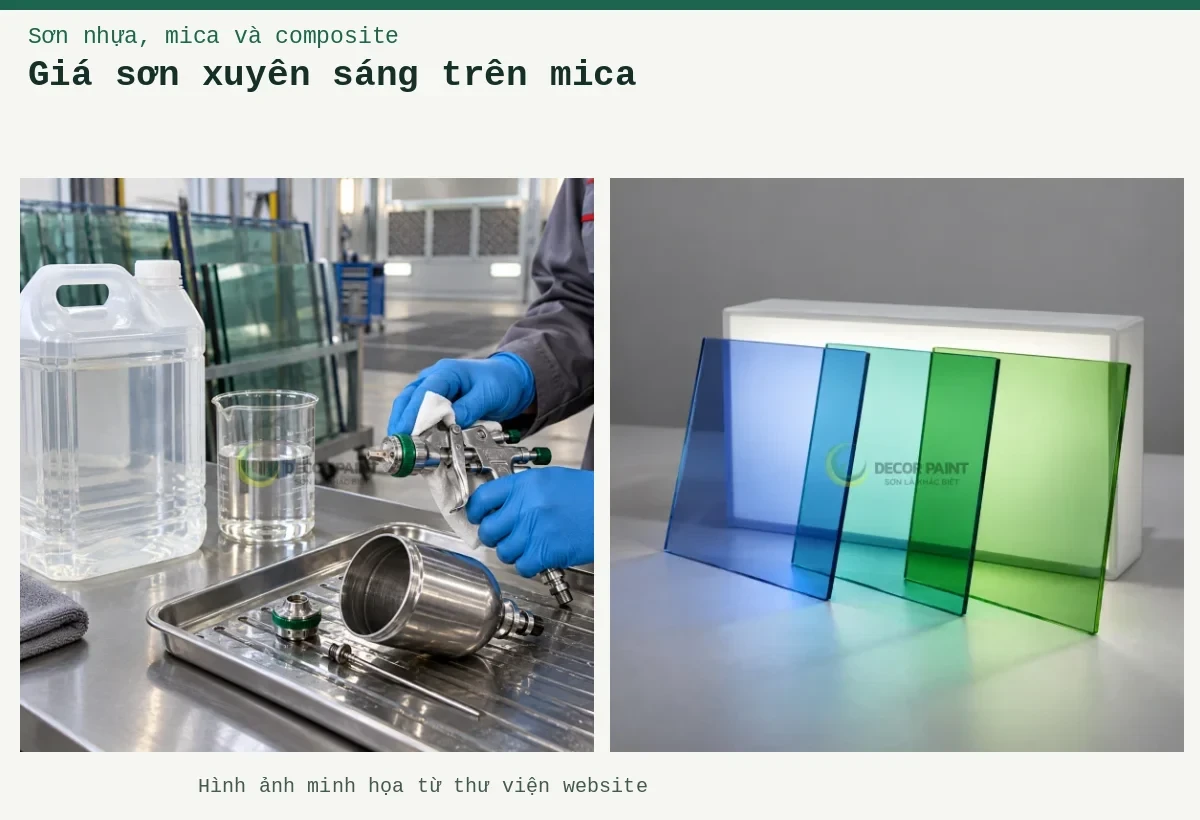 Giá sơn xuyên sáng trên mica – Ảnh minh họa: Tấm acrylic trong màu xuyên sáng; Vệ sinh súng phun.
