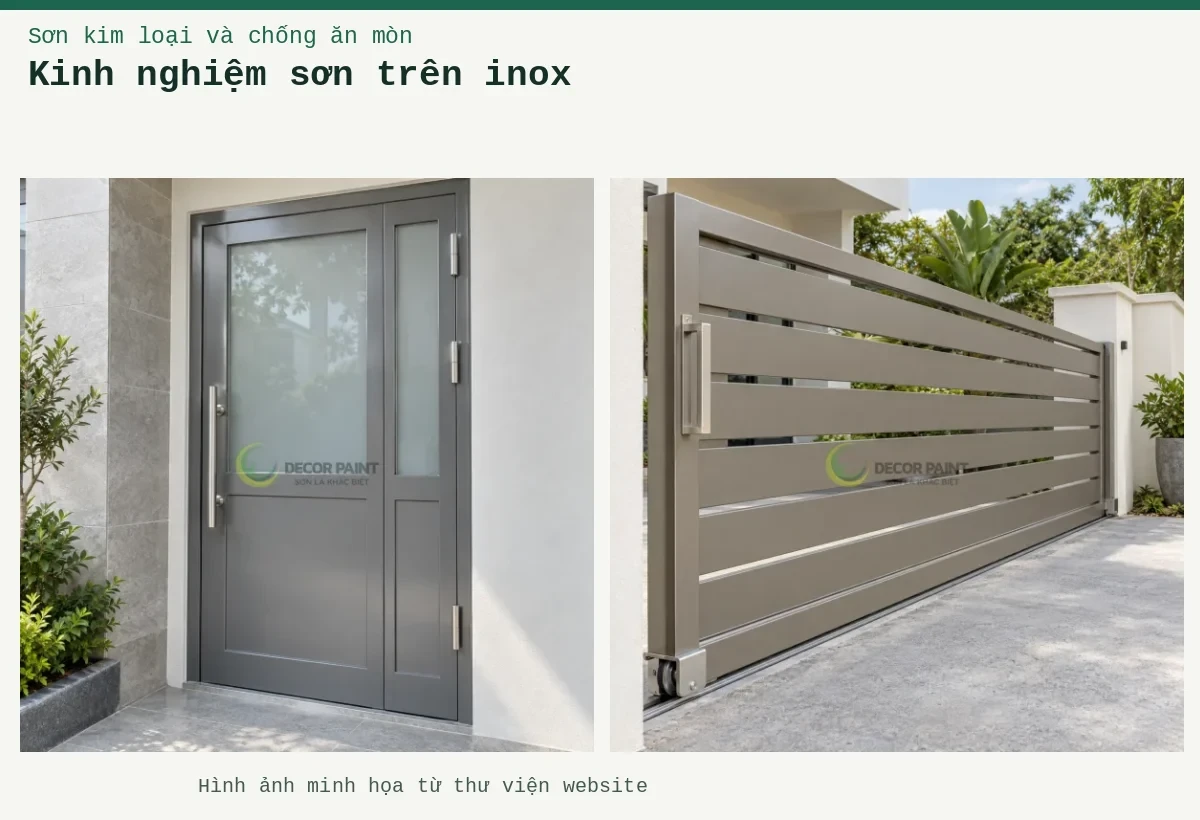 Kinh nghiệm sơn trên inox – Ảnh minh họa: Cửa khung inox phủ màu xám với ô kính mờ; Cổng inox trượt với lớp sơn màu xám ấm.