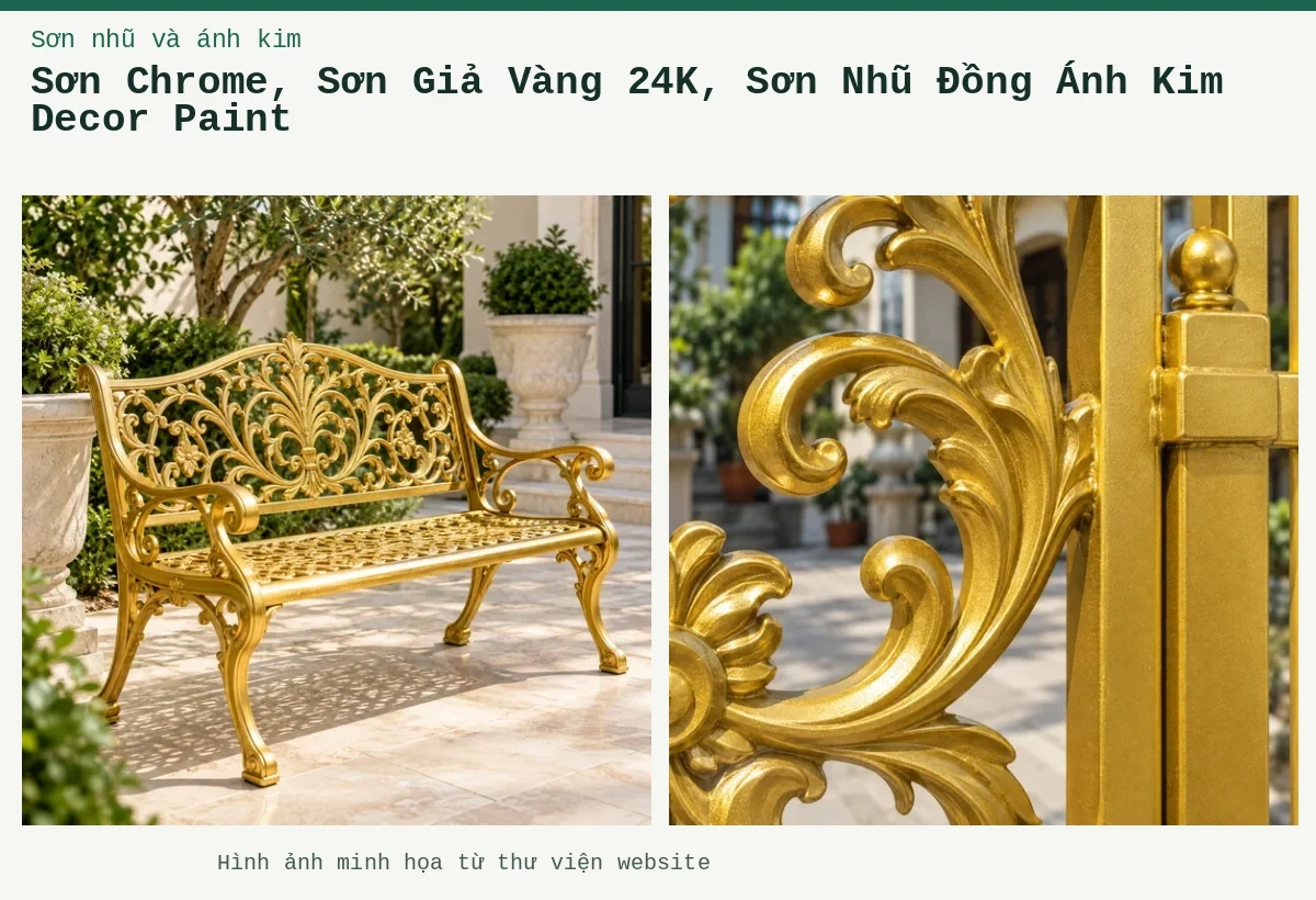 Sơn Chrome, Sơn Giả Vàng 24K, Sơn Nhũ Đồng Ánh Kim Decor Paint – Ảnh minh họa: Sơn nhũ vàng 24K trên kim loại – cận cảnh lớp phủ trên kim loại; Sơn nhũ vàng 24K trên kim loại – ứng dụng trên bàn ghế hoặc cấu kiện kim loại.