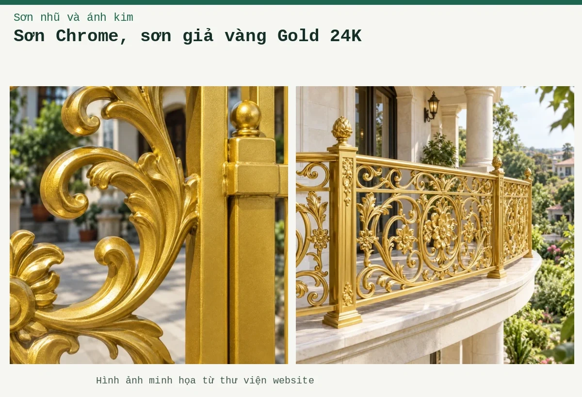 Sơn Chrome, sơn giả vàng Gold 24K – Ảnh minh họa: Sơn nhũ vàng 24K trên kim loại – ứng dụng trên cửa cổng hoặc hàng rào; Sơn nhũ vàng 24K trên kim loại – cận cảnh lớp phủ trên kim loại.
