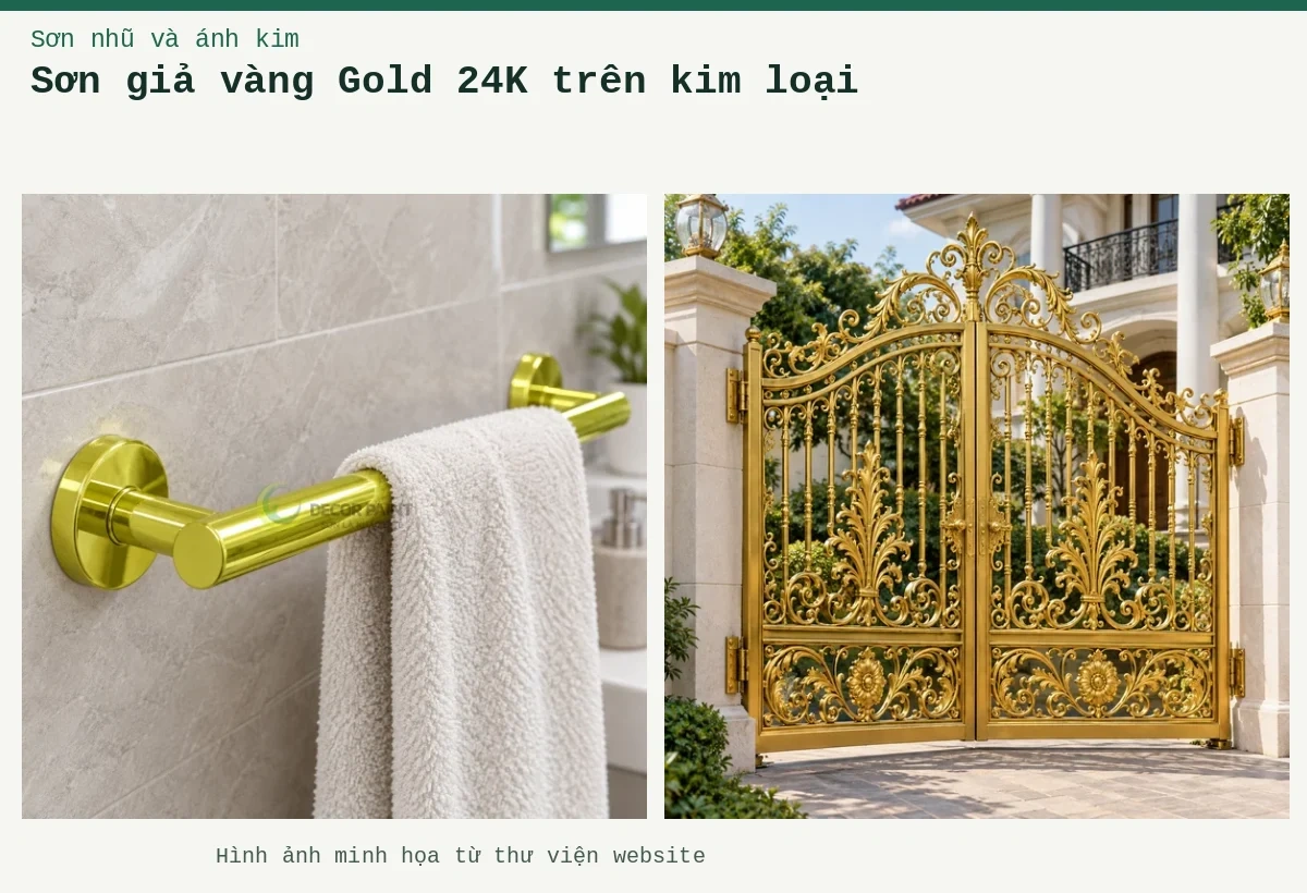 Sơn giả vàng Gold 24K trên kim loại – Ảnh minh họa: Sơn nhũ vàng 24K trên kim loại – ứng dụng trên cửa cổng hoặc lan can; Thanh treo ống kim loại sơn giả vàng.