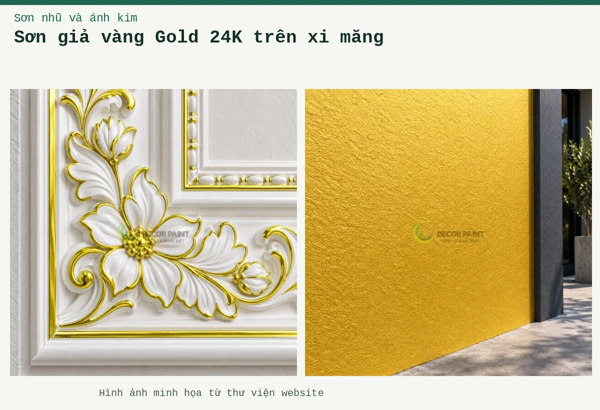 Sơn giả vàng Gold 24K trên xi măng – Ảnh minh họa: Mảng tường bê tông sơn vàng; Chi tiết vàng 24K số 1.