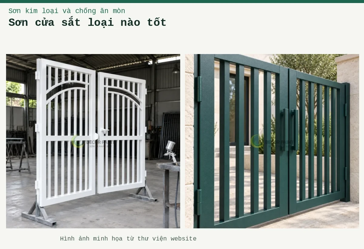 Sơn cửa sắt loại nào tốt – Ảnh minh họa: Cửa cổng sắt hộp; Hai cánh cửa sắt hoàn thiện màu trắng trên giá đỡ tại xưởng.