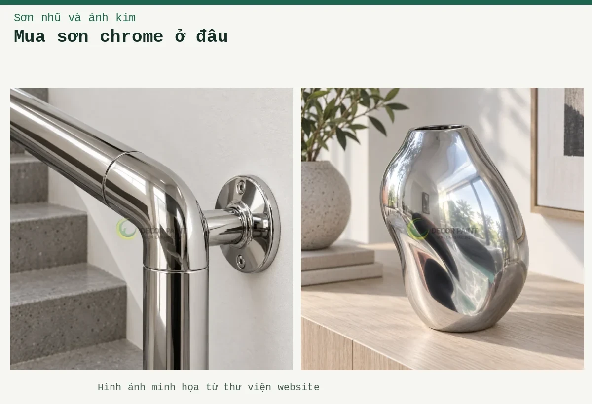 Mua sơn chrome ở đâu – Ảnh minh họa: Họa tiết kim loại chrome; Bình trang trí Chrome.