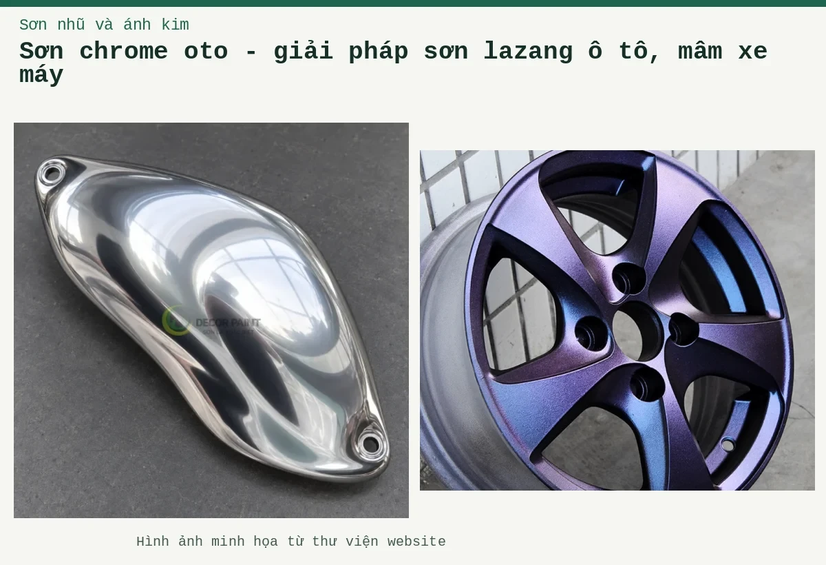 Sơn chrome oto - giải pháp sơn lazang ô tô, mâm xe máy – Ảnh minh họa: Mâm ô tô với lớp hoàn thiện hiệu ứng màu tím; Ốp cong Chrome.