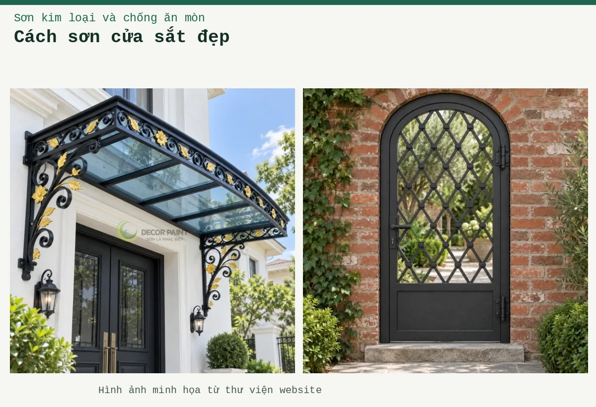 Cách sơn cửa sắt đẹp – Ảnh minh họa: Mái kính cửa vào phối sắt đen nhũ vàng; Cửa sắt một cánh vòm với hoa văn hình thoi, hoàn thiện màu đen nhám trên nền tường gạch.