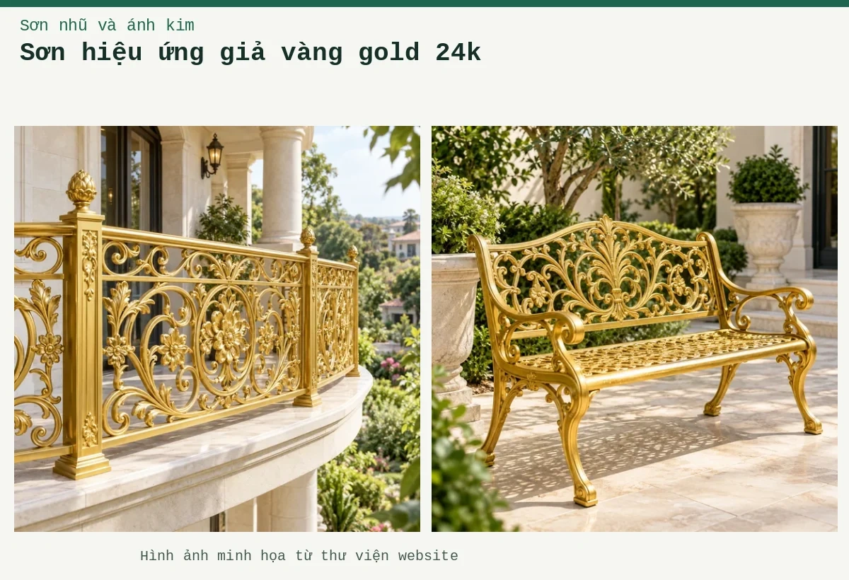 Sơn hiệu ứng giả vàng gold 24k – Ảnh minh họa: Sơn nhũ vàng 24K trên kim loại – ứng dụng trên cửa cổng hoặc hàng rào; Sơn nhũ vàng 24K trên kim loại – ứng dụng trên bàn ghế hoặc cấu kiện kim loại.