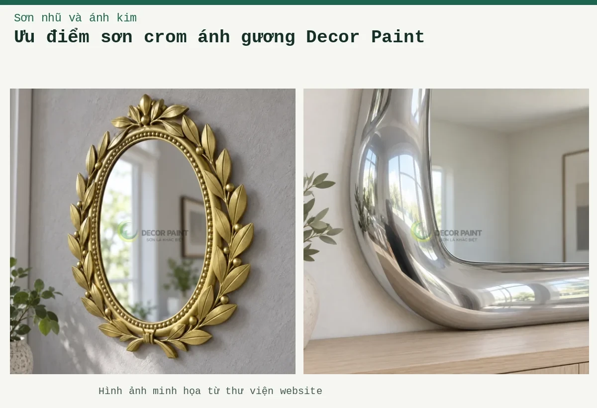 Ưu điểm sơn crom ánh gương Decor Paint – Ảnh minh họa: Khung gương Chrome; Khung gương nhũ vàng.