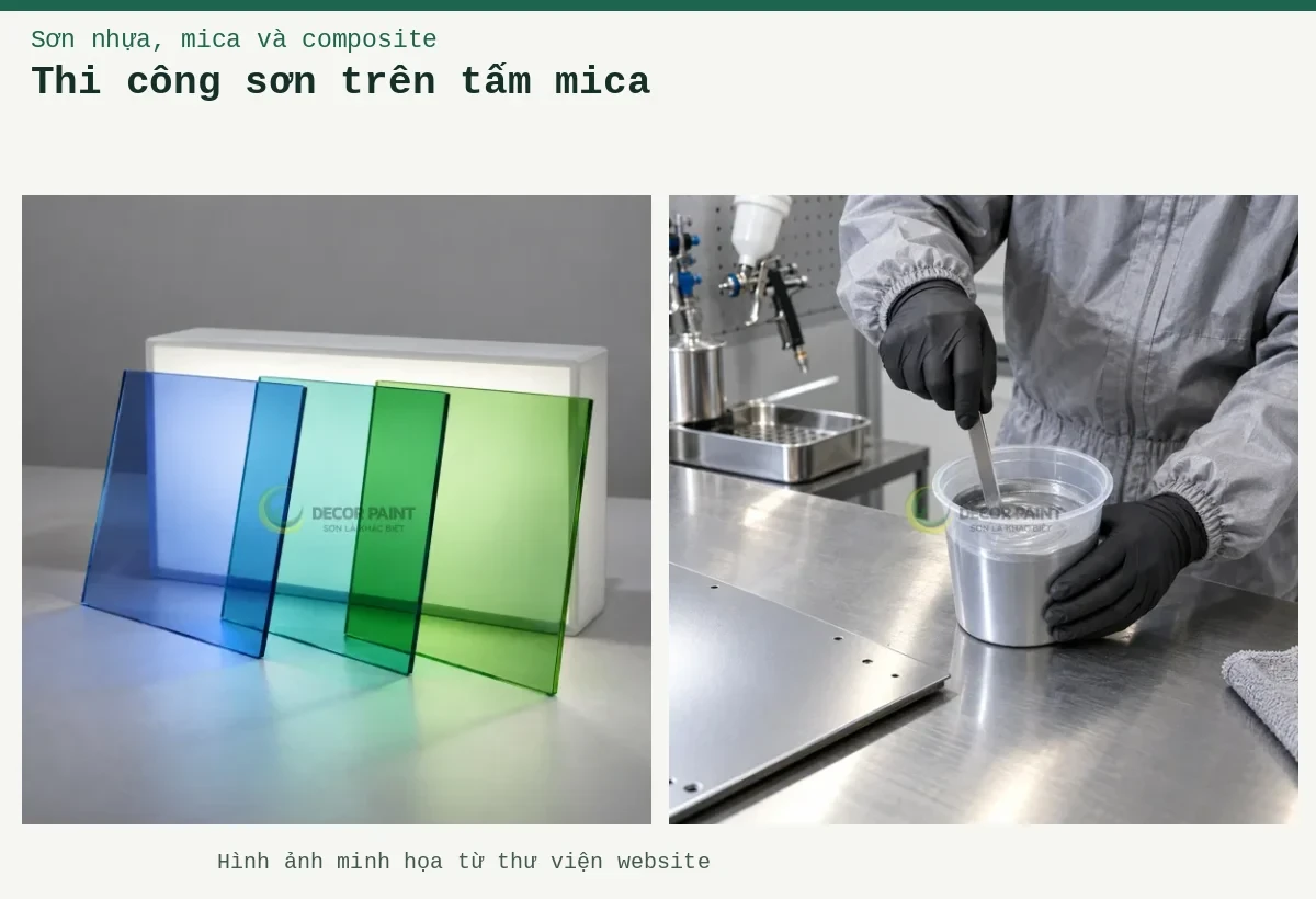 Thi công sơn trên tấm mica – Ảnh minh họa: Tấm acrylic trong màu xuyên sáng; Khuấy hỗn hợp sơn hai thành phần trong cốc pha trước khi đưa vào thi công.