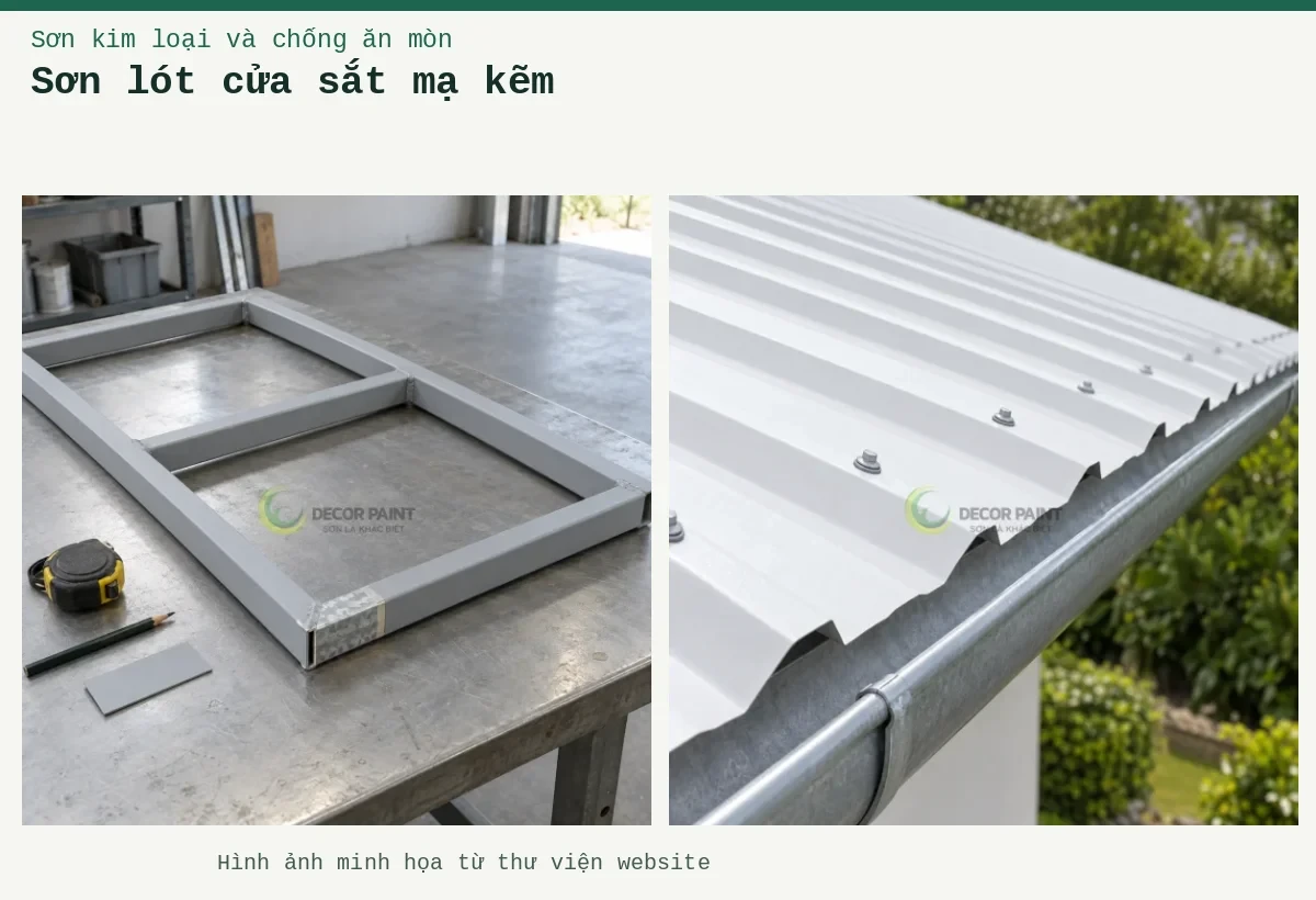 Sơn lót cửa sắt mạ kẽm – Ảnh minh họa: Minh họa khung thép mạ kẽm phủ sơn chống rỉ và phần mẫu bề mặt kẽm; Chi tiết mép tôn trắng, vít mái và máng xối.
