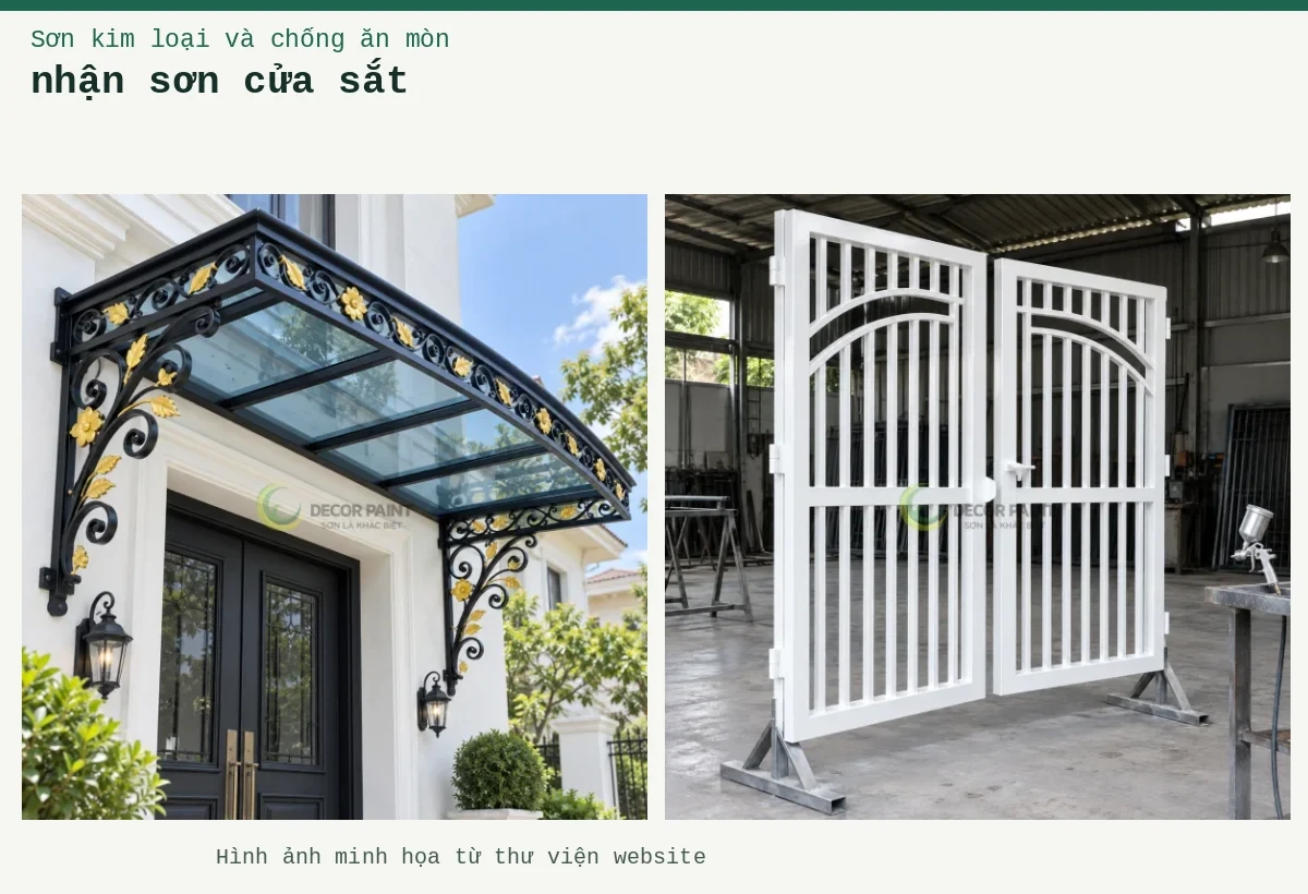 nhận sơn cửa sắt – Ảnh minh họa: Mái kính cửa vào phối sắt đen nhũ vàng; Hai cánh cửa sắt hoàn thiện màu trắng trên giá đỡ tại xưởng.