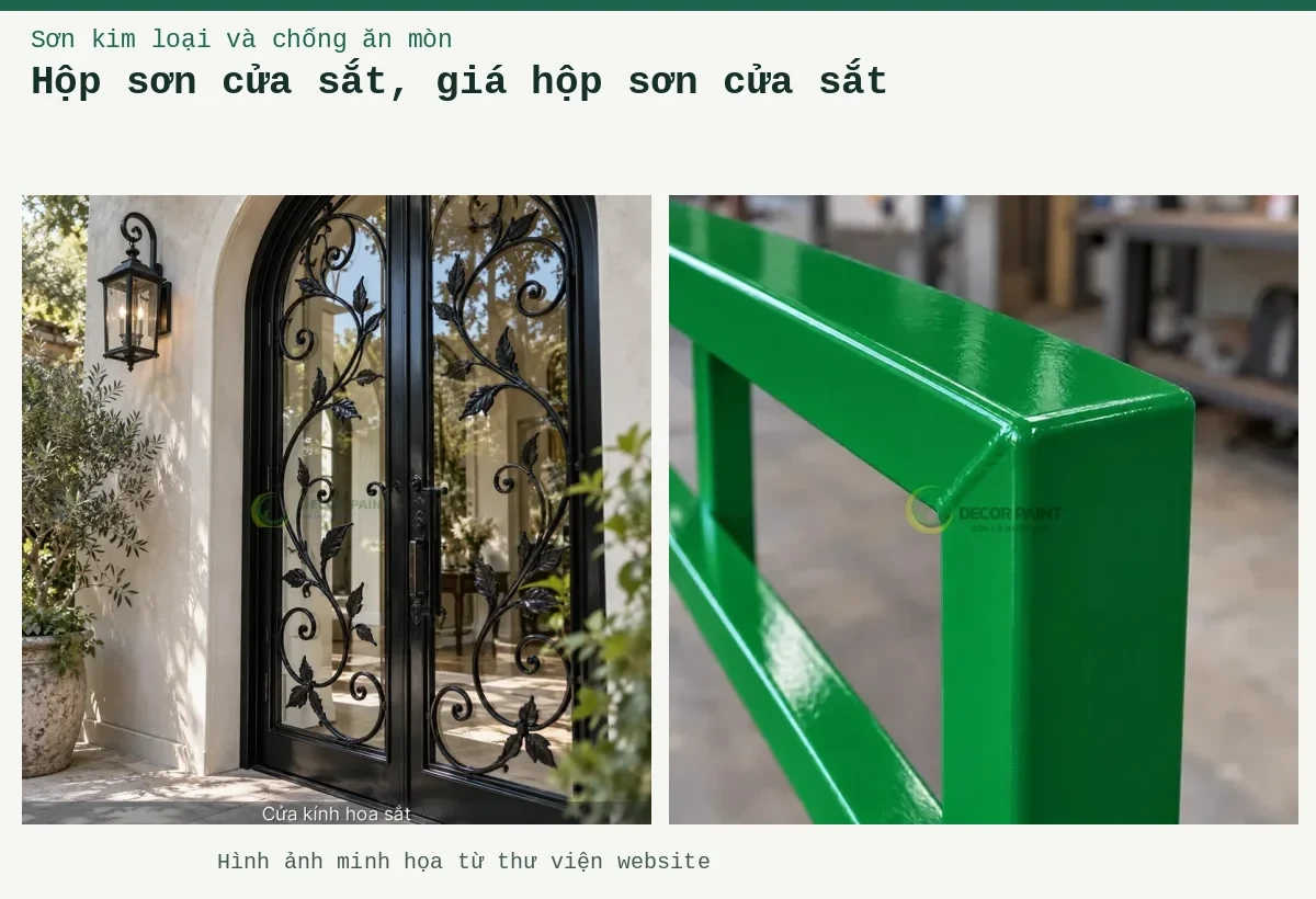 Hộp sơn cửa sắt, giá hộp sơn cửa sắt – Ảnh minh họa: Chi tiết góc hàn của khung sắt hộp được phủ sơn xanh lá bóng; Minh họa cửa kính hoa sắt bằng cửa khung sắt sơn màu đen bóng kết hợp kính.