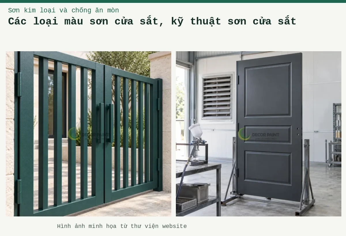 Các loại màu sơn cửa sắt, kỹ thuật sơn cửa sắt – Ảnh minh họa: Cửa cổng sắt hộp; Minh họa cửa sắt hoàn thiện màu xám đậm cùng súng phun đặt trên giá.