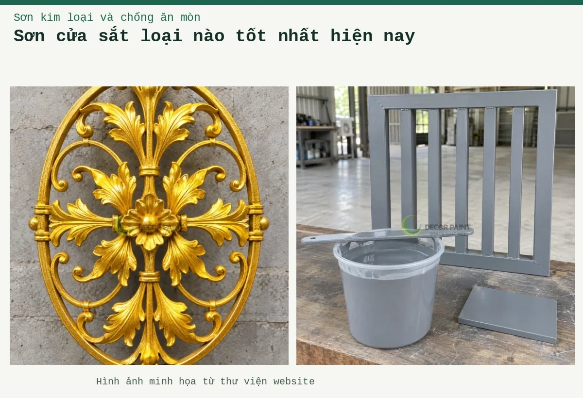 Sơn cửa sắt loại nào tốt nhất hiện nay – Ảnh minh họa: Ô cửa hoa sắt; Minh họa sơn màu ghi và mẫu cửa sắt cùng màu hoàn thiện.
